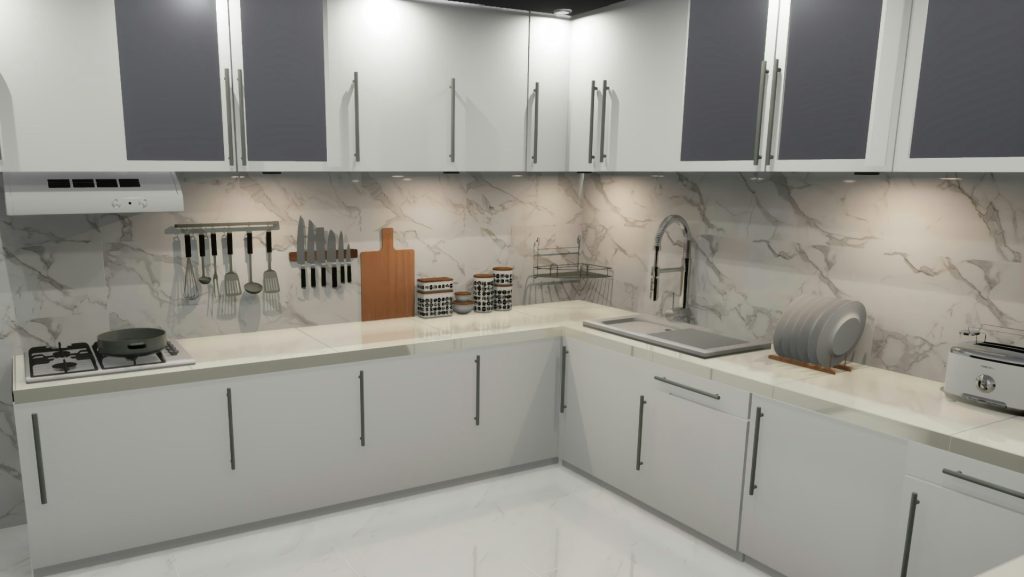 A kitchen with white cabinets and marble counter tops